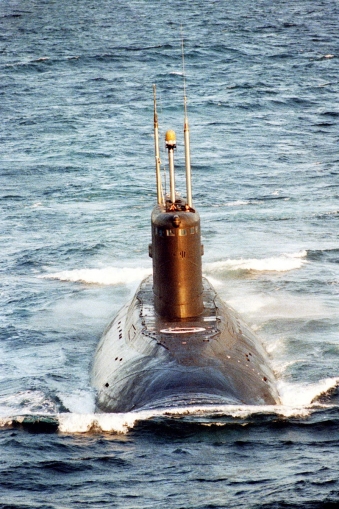 A Russian, Kilo-class diesel-powered attack submarine underway on the surface