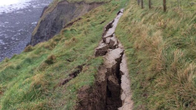 Crack that closed a section of the coast path near Aberystwyth. Picture from Ceredigion Council