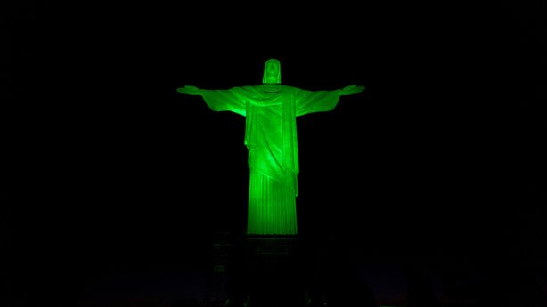 Green for St Patrick's Day Christ the Redeemer statue in Rio de Janeiro