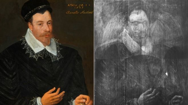 Painting of Sir John Maitland and x-ray image of Mary Queen of Scots underneath