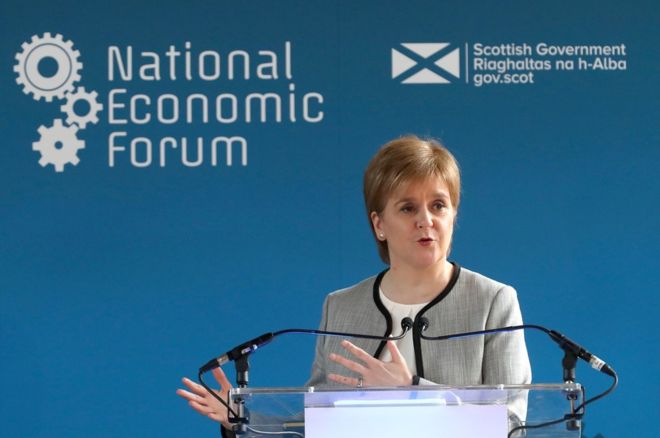 Nicola Sturgeon speaking at National Economic Forum in Dumfries. Image from BBC Scotland