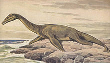 Painting of a plesiosaur on land, by Heinrich Harder