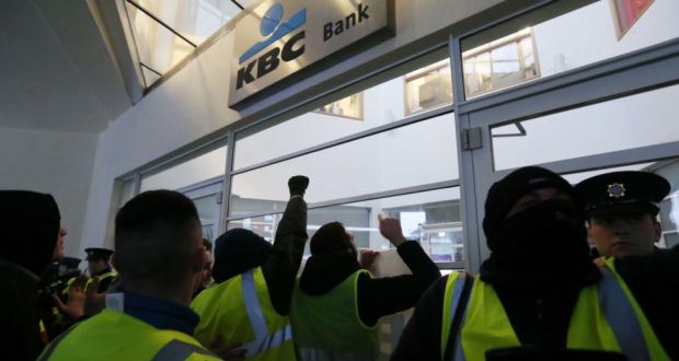 Protesters at KBC Bank Irish headquarters in Dublin. Image: RTE