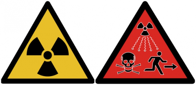 Radioactive trefoil introduced in 1946; a 2007 warning sign created to replace it in some situations (via Wikimedia)