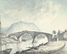 Rodney's Pillar on top of Breidden Hill. Llandreinio Bridge and Rodney's Pillar is a watercolour dated 1794 by John Ingleby (1749 - 1808)