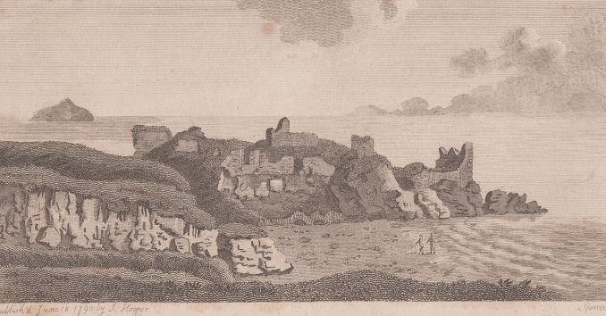 Ailsa Craig with Turnberry Castle. Image taken from 'Select Views of the Clyde' by J. M. Leighton (1830). Engraved by Joseph. Swan.