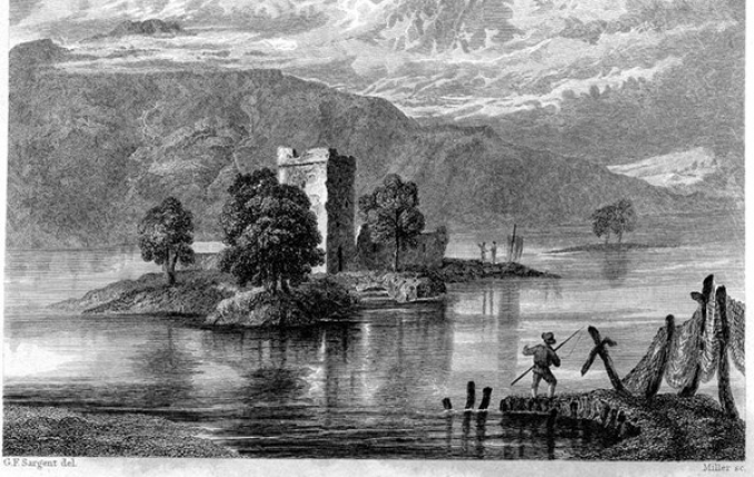 Lochleven Castle. Engraving by William Millar after G. F. Sargent. Published in The Castles, Palaces and Prisons of Mary of Scotland. Charles Mackie. London. Painted 1831, published 1850. 