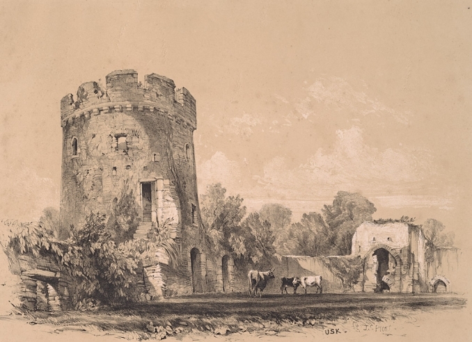 Usk Castle J S Prout.circa 1838 image courtesy The National Library of Wales (3375712)